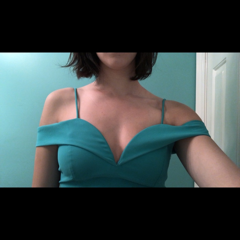 Turquoise body con off the shoulder dress